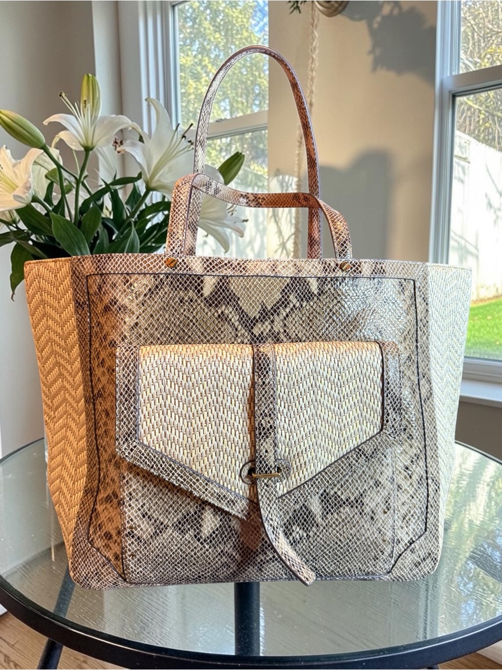 Tory Burch NWOT 797 Snake Skin and Raffia Open Tote